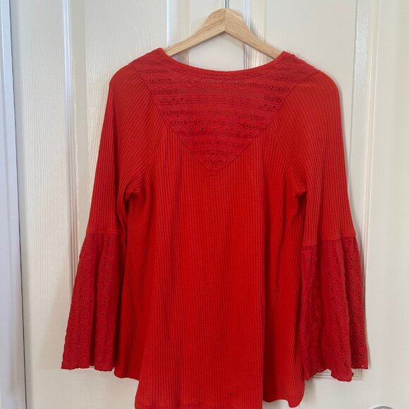 Free People Shirt Parisian Nights Blouse Bell Sleeve Top Vermillion SZ Small - Picture 3 of 7